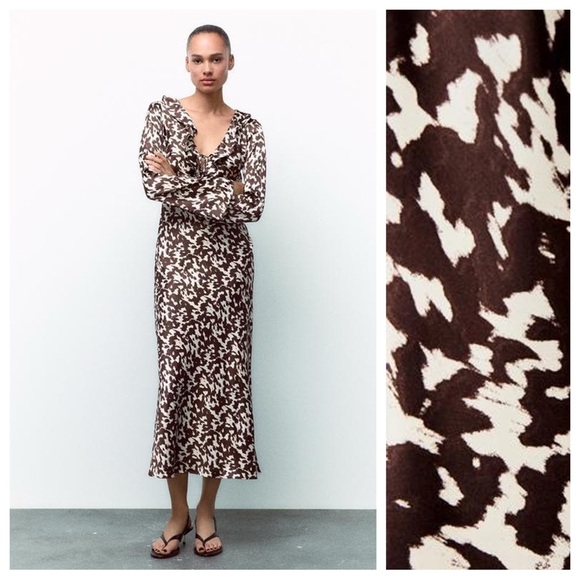 NWT. Zara Brown/Cream Printed Satin Effect Midi Dress with Ruffles. Size XXL. - Picture 1 of 12